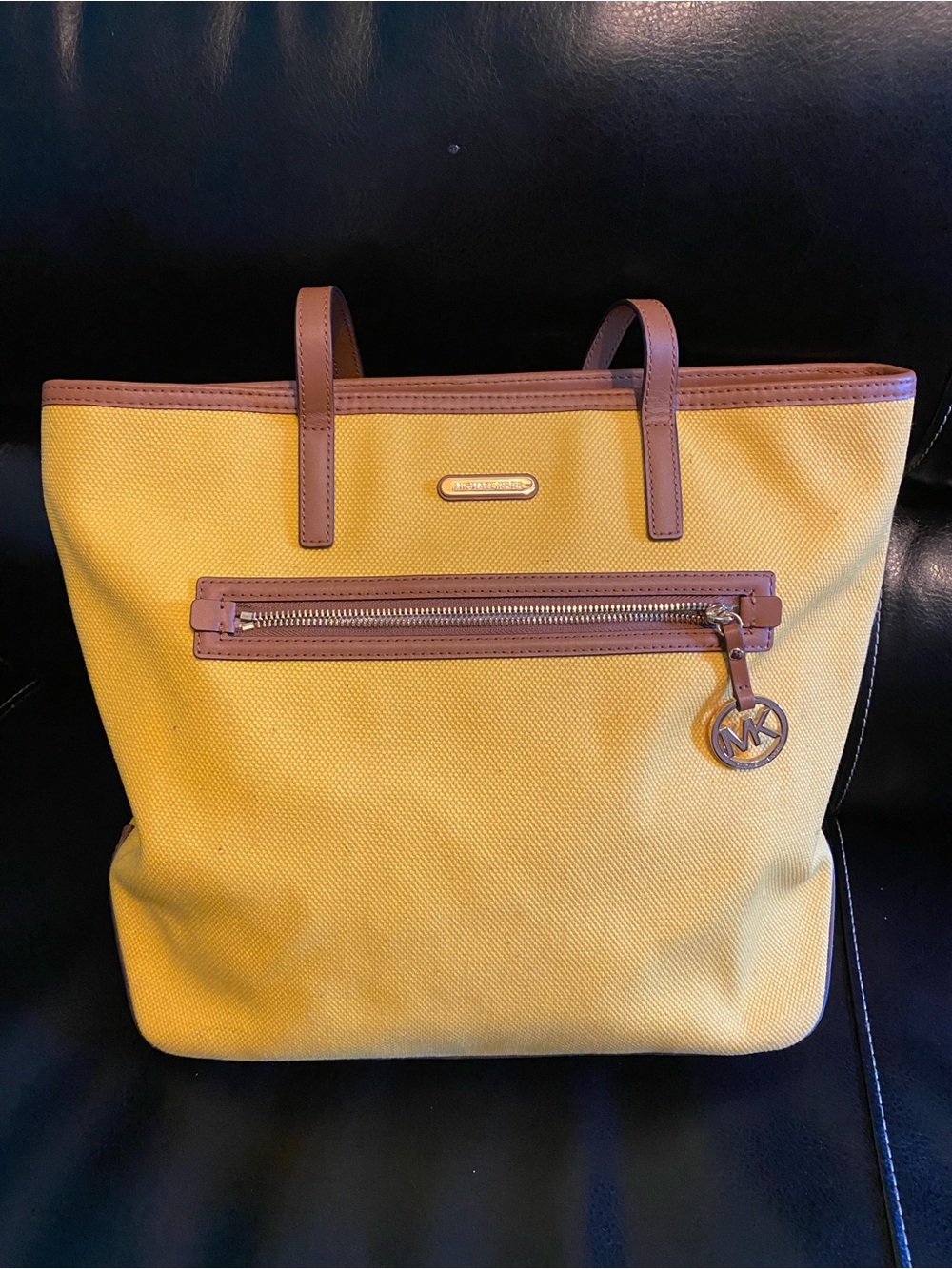 Michael Kors Yellow Tote with Brown Trim and MK Charm